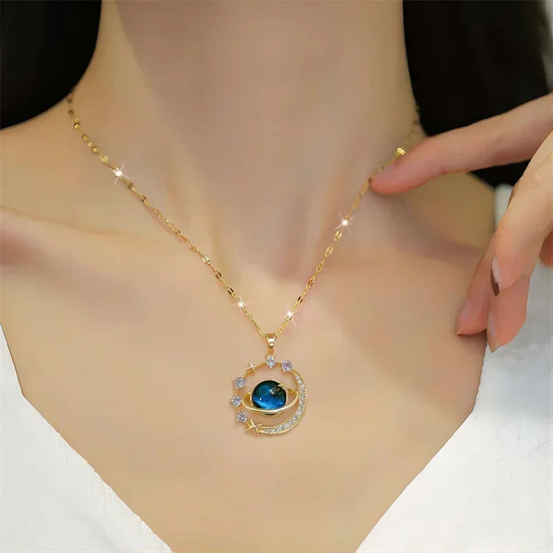 Starry Moon Pendant Necklace – Elegant Zircon Charm Necklace for Women
