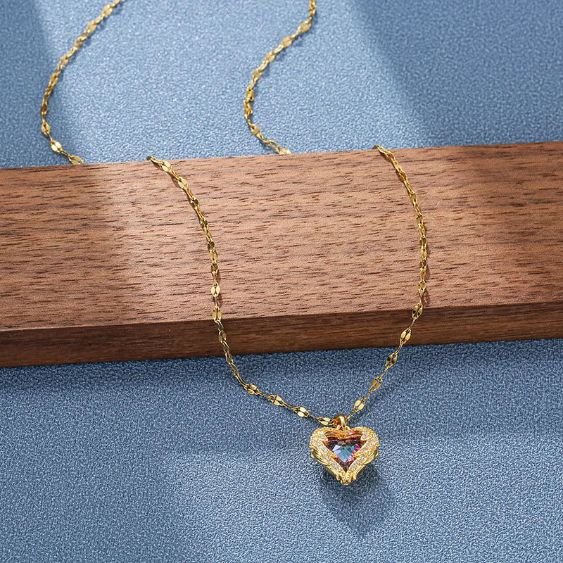 Luxury Ocean Heart Crystal Pendant Necklace – Colorful Zircon Charm Jewelry for Women