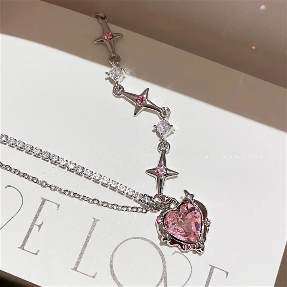 Crystal Heart Pendant Necklace – Sweet & Cool Y2K Clavicle Chain for Women