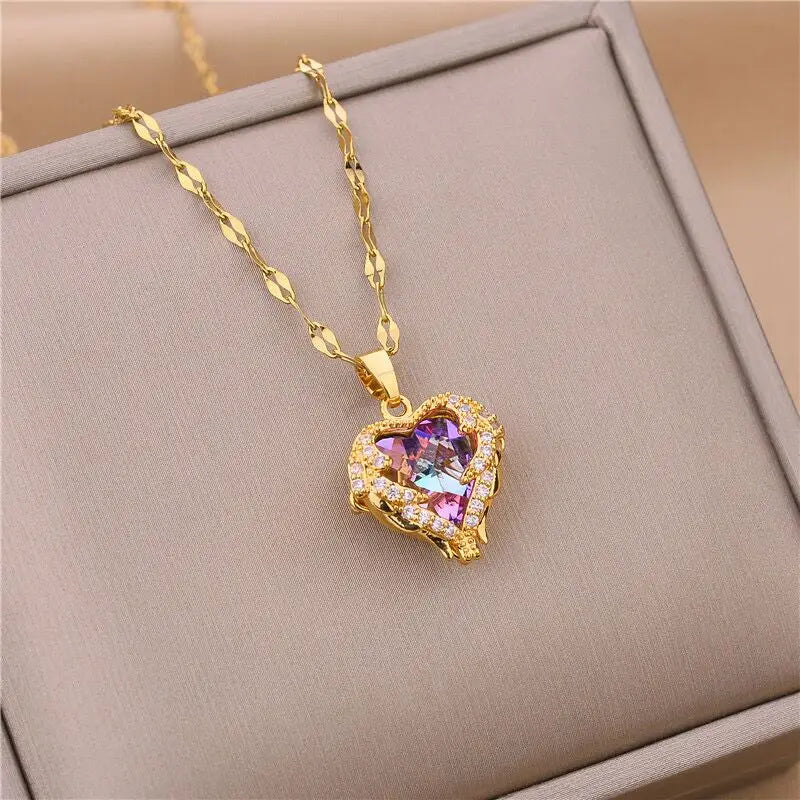 Luxury Ocean Heart Crystal Pendant Necklace – Colorful Zircon Charm Jewelry for Women