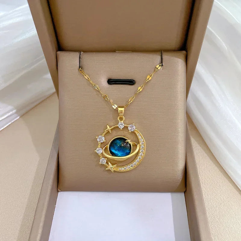Starry Moon Pendant Necklace – Elegant Zircon Charm Necklace for Women