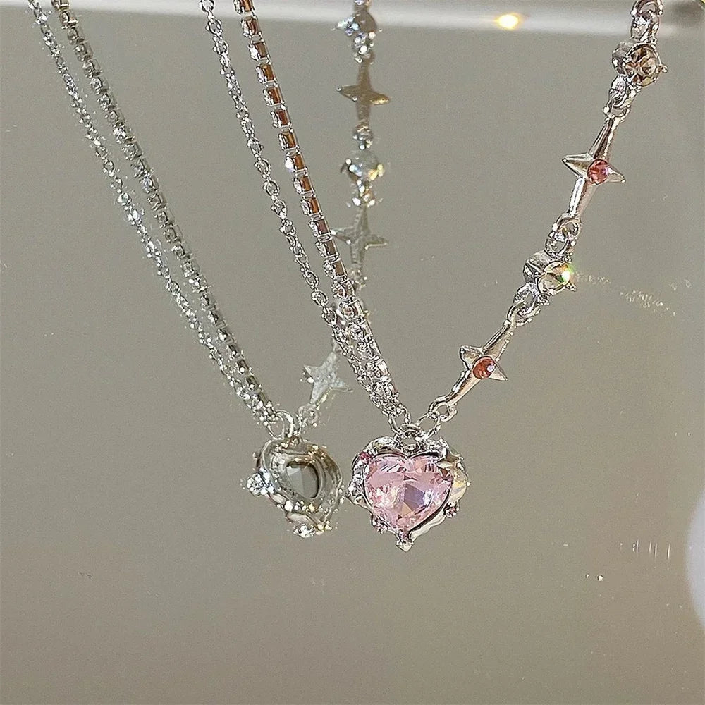 Crystal Heart Pendant Necklace – Sweet & Cool Y2K Clavicle Chain for Women
