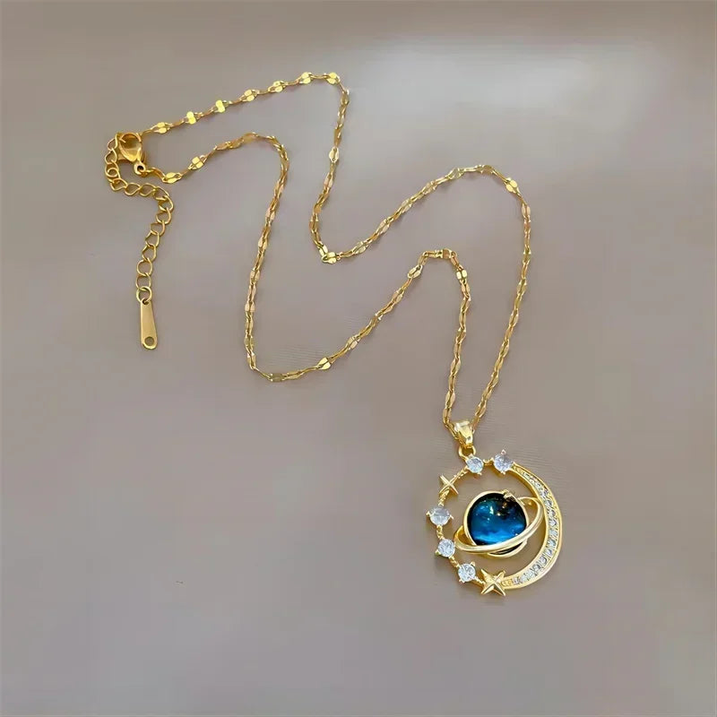 Starry Moon Pendant Necklace – Elegant Zircon Charm Necklace for Women