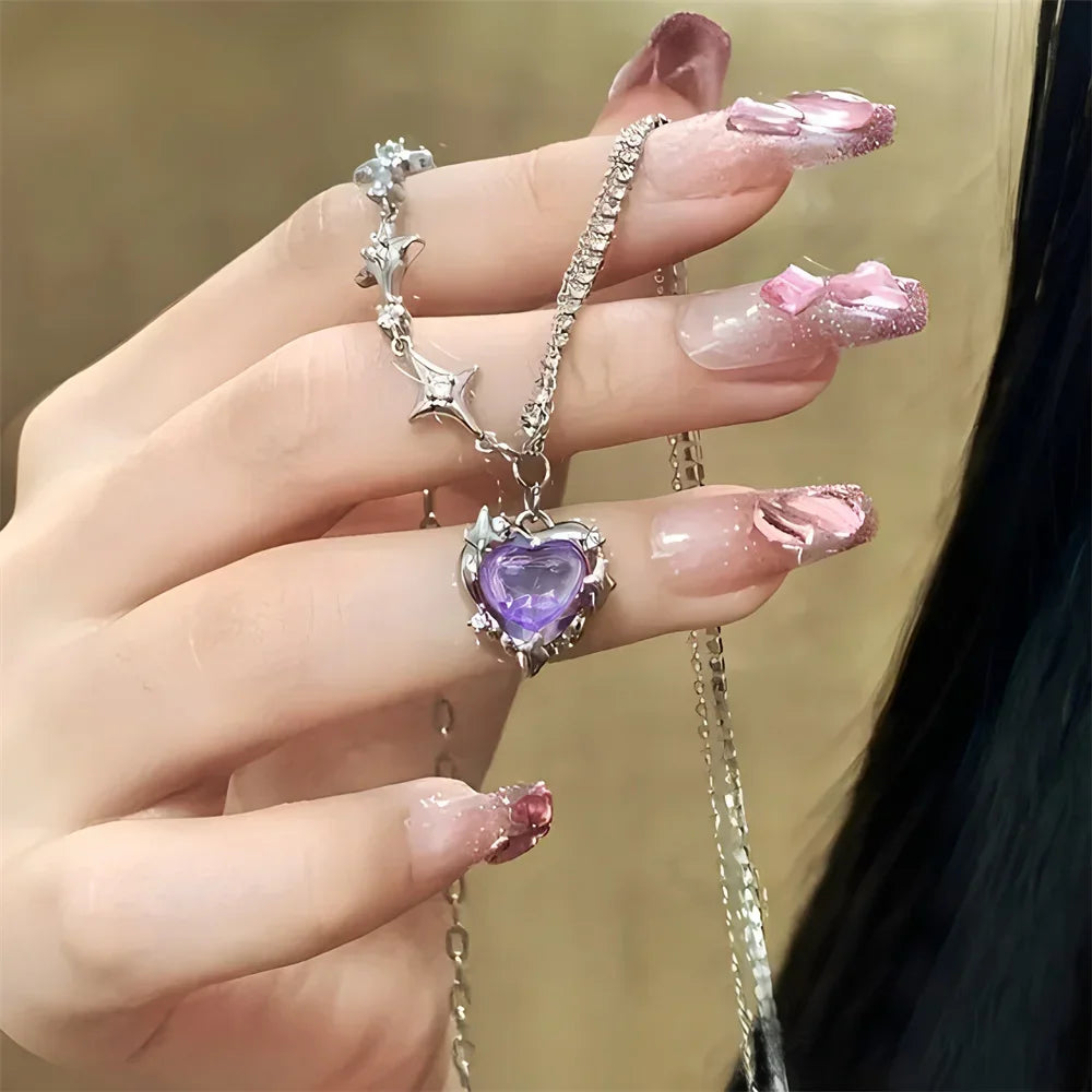 Crystal Heart Pendant Necklace – Sweet & Cool Y2K Clavicle Chain for Women