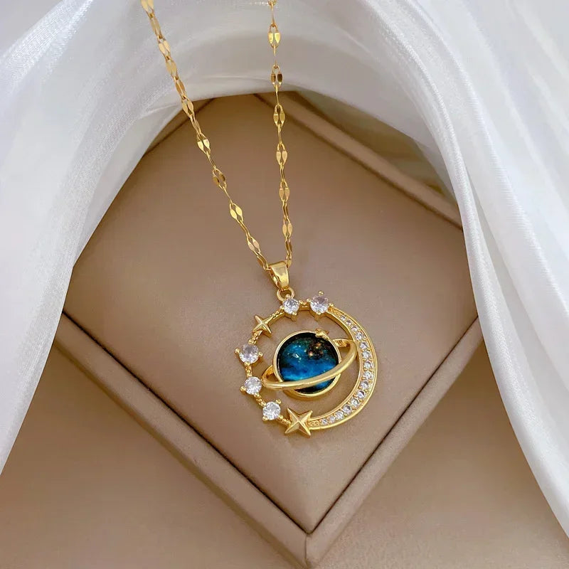 Starry Moon Pendant Necklace – Elegant Zircon Charm Necklace for Women