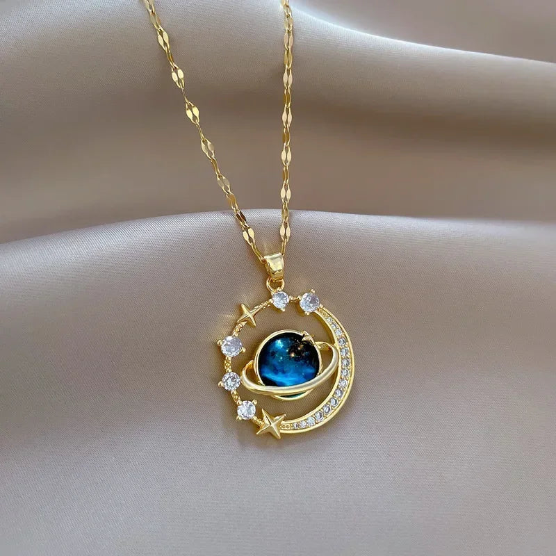Starry Moon Pendant Necklace – Elegant Zircon Charm Necklace for Women