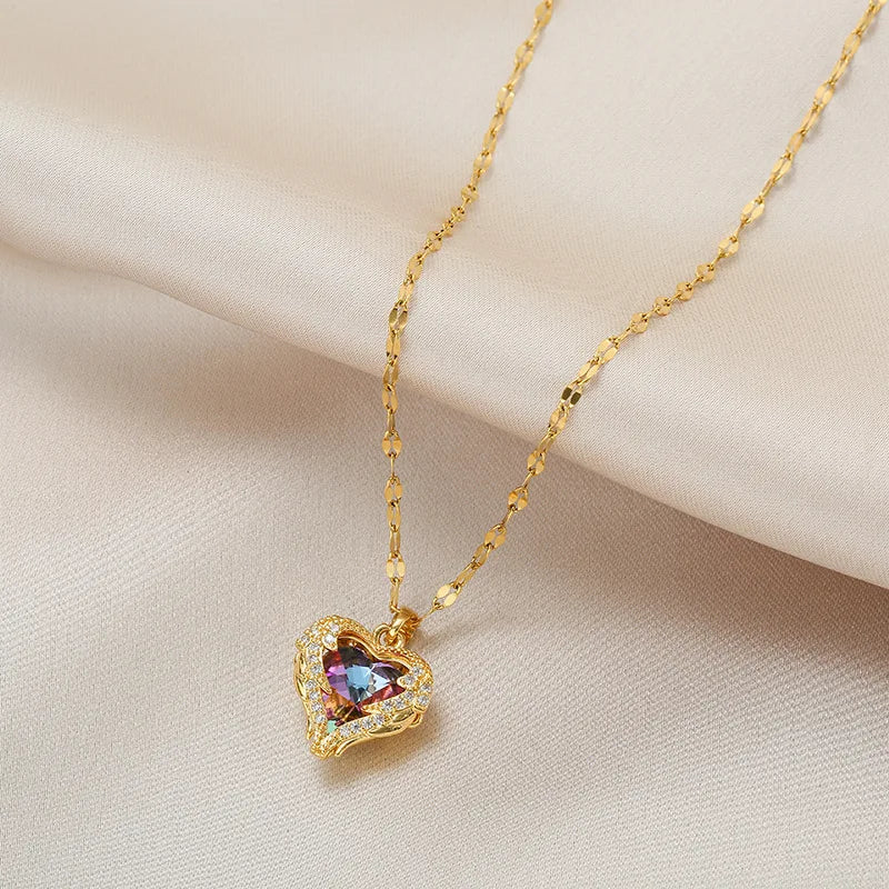 Luxury Ocean Heart Crystal Pendant Necklace – Colorful Zircon Charm Jewelry for Women