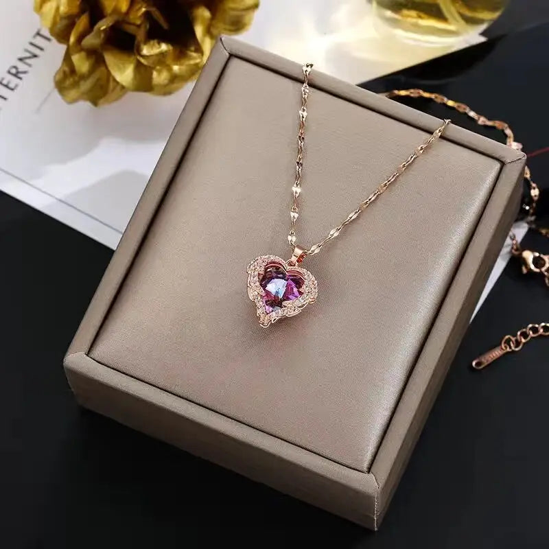 Luxury Ocean Heart Crystal Pendant Necklace – Colorful Zircon Charm Jewelry for Women