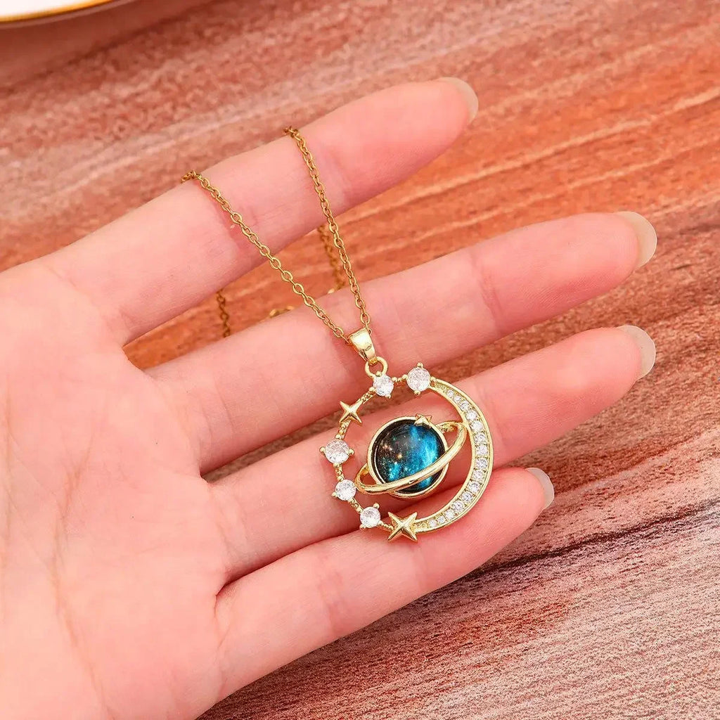 Starry Moon Pendant Necklace – Elegant Zircon Charm Necklace for Women